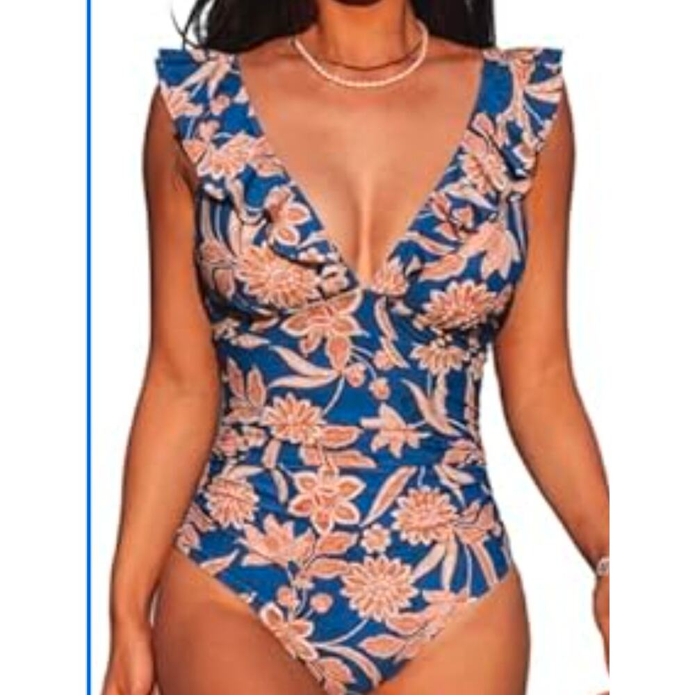Cupshe Floral Tummy Control Ruffled One-Piece Swimsuit Size M NWT